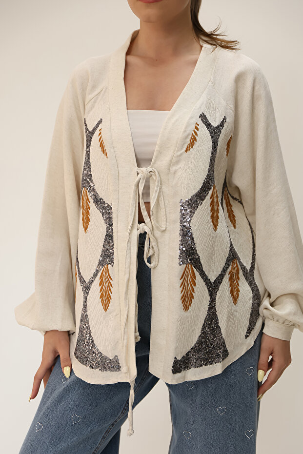 سترة منقوشة بالترتر من الكتان - 7