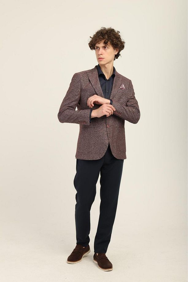 Bordo Renk Sivri Yaka Yarım Astar Torba Cep Blazer Tek Ceket Slim Fit | Agustini - 5