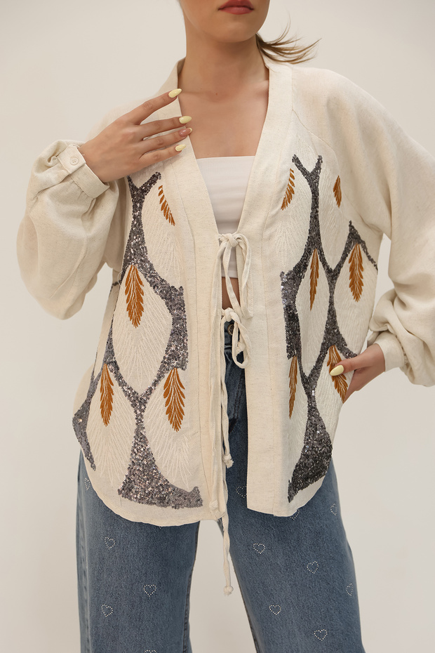 سترة منقوشة بالترتر من الكتان - 1