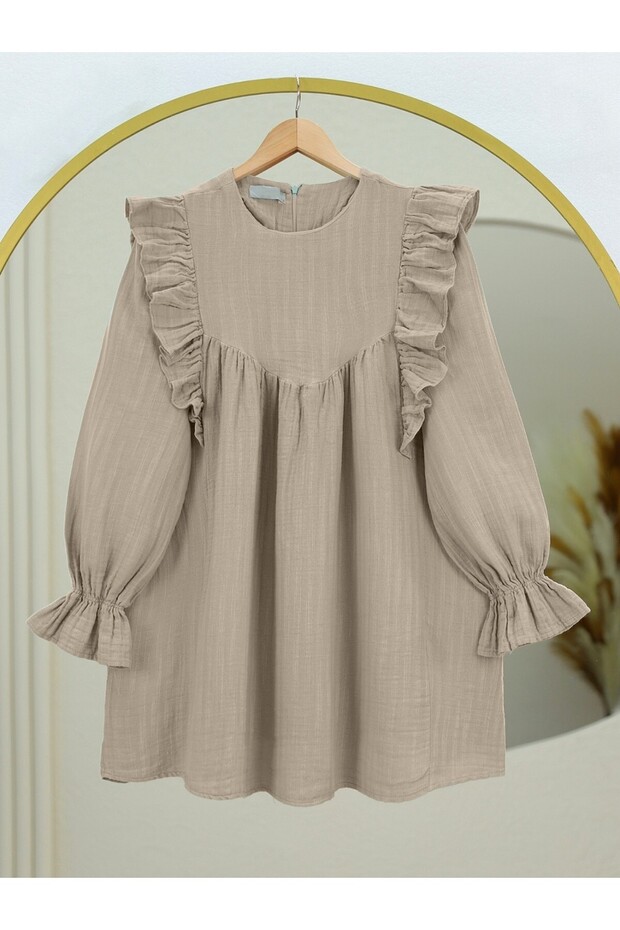 Önü Fırfır Detaylı Kolu Lastikli Tunik - 1