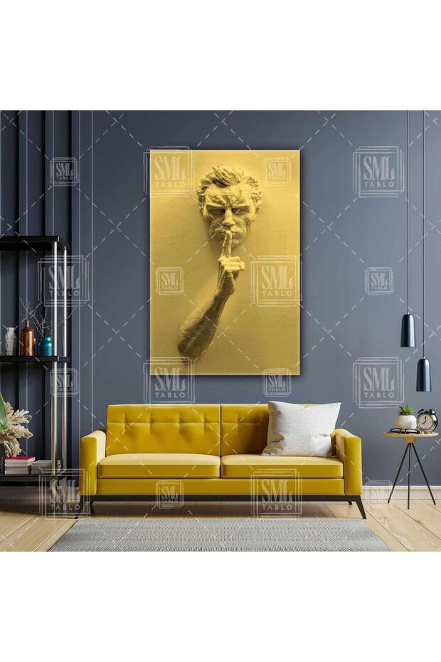 Sus Işareti Yapan Heykel Mermer Adam Dikey Kanvas Tablo - 1