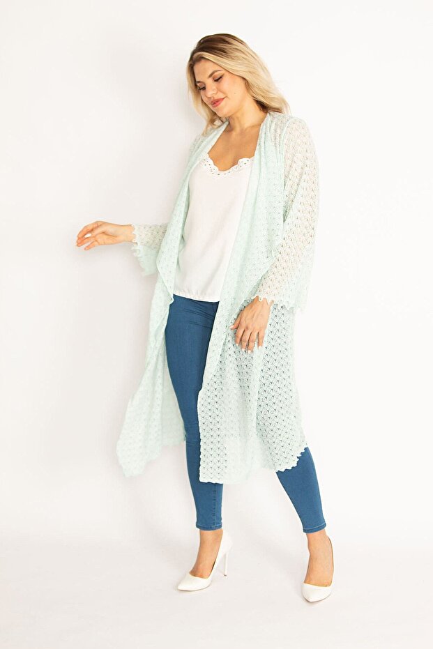 Women's Large Size Green Lace Long Cardigan 65n28347