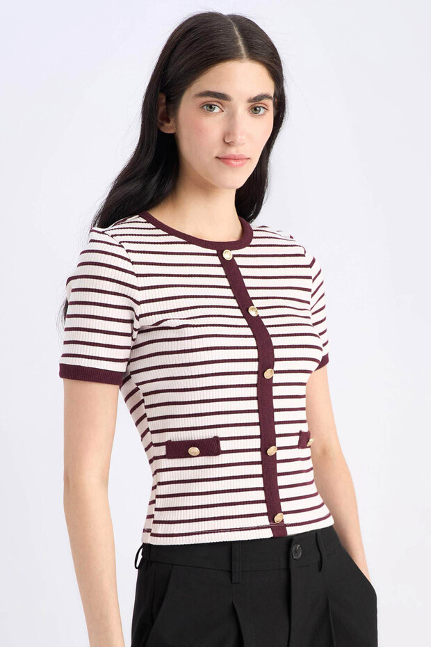 Slim Fit Striped Ribbed Knit Crew Neck Short Sleeve T-Shirt C2566AX25SP