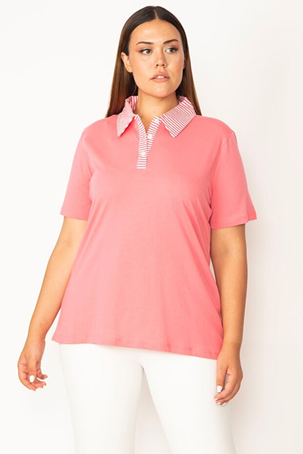 Women's Large Size Pink Cotton Fabric Polo Neck Front Button Blouse 65n27823