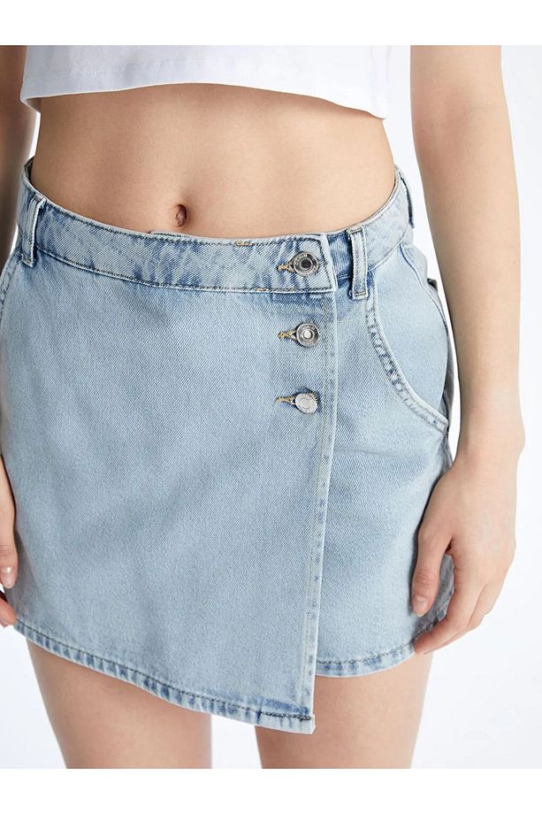 XSIDE Mavi Dar Fit Mini Jean Şort Etek - 3