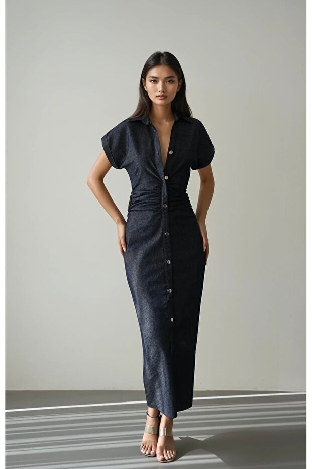 Denim Jeans Shirring Detailed Buttoned Maxi Short Sleeve Long Dress