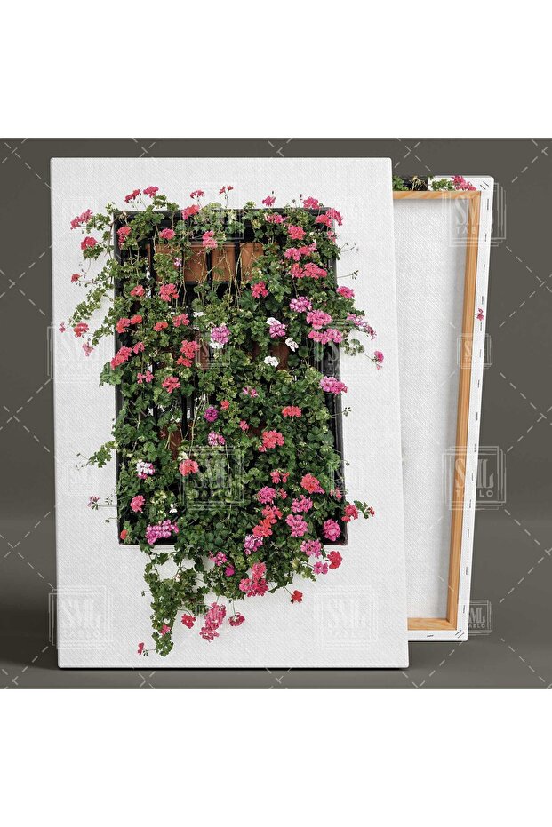 Pembe Çiçekli Pencere Bodrum Evi Dikey Kanvas Tablo - 2