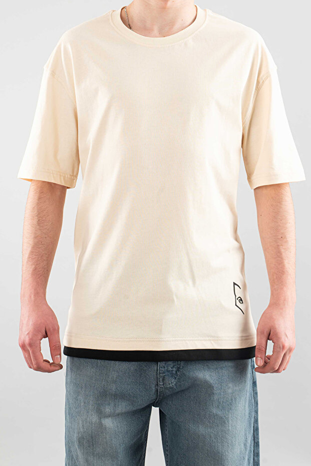 Men's Special Crew Neck T-Shirt Basic Semi-Oversize Plain Printed Beige T-Shirt