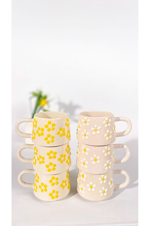 El Yapımı Seramik 6'lı Kahve Kupa Seti, Double, Sarı Beyaz Kır Papatyaları Kahve Fincanı, Mug - 1