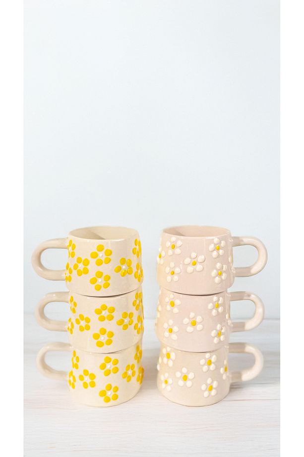 El Yapımı Seramik 6'lı Kahve Kupa Seti, Double, Sarı Beyaz Kır Papatyaları Kahve Fincanı, Mug - 4