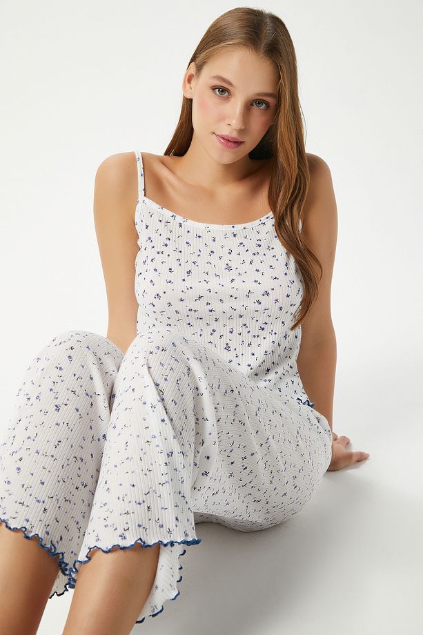 Kadın June Askılı Mavi Minik Çiçekli Alt Üst Pijama Takımı - 1