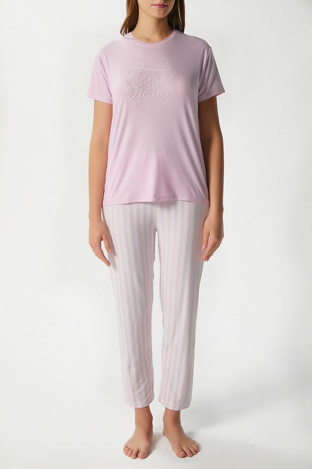 Kadın Time Yumuşak Doku Pembe Çizgili Bisiklet Yaka Kısa Kollu Alt Üst Pijama Takımı - 8