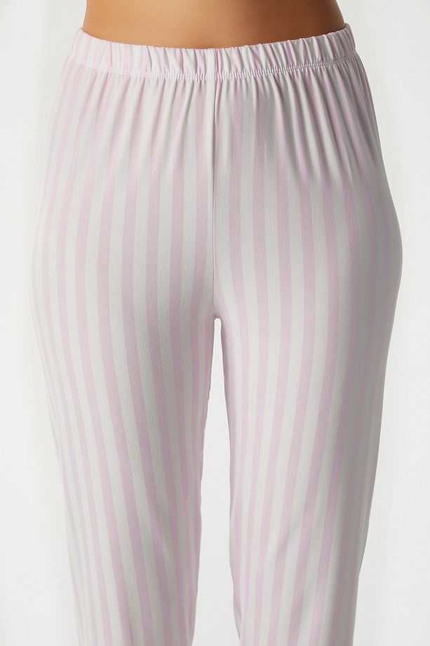 Kadın Time Yumuşak Doku Pembe Çizgili Bisiklet Yaka Kısa Kollu Alt Üst Pijama Takımı - 7