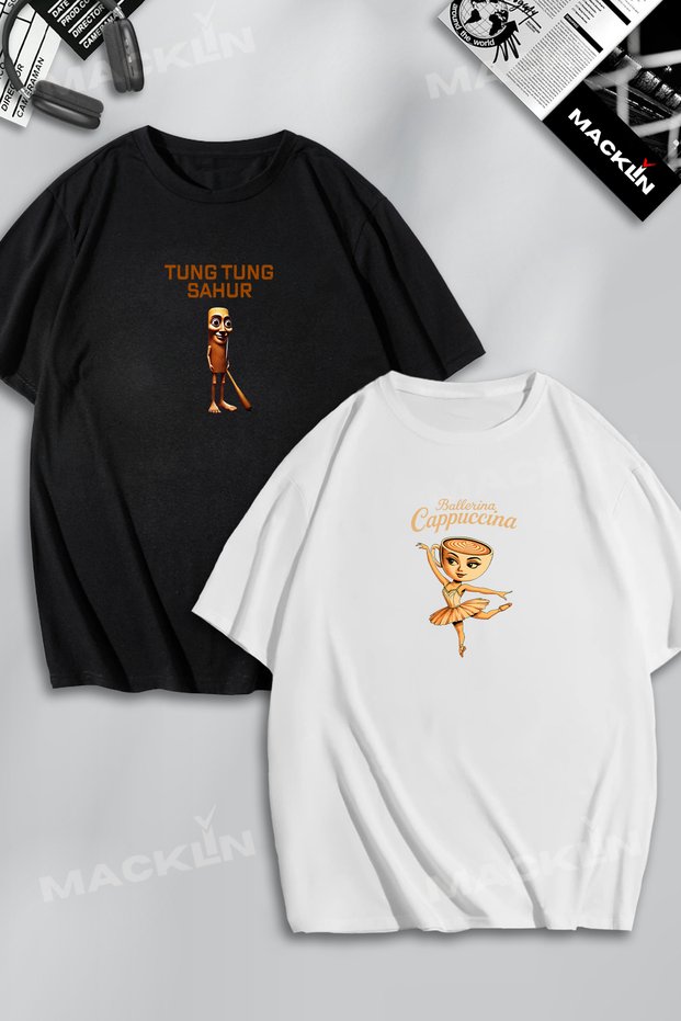 Unisex Tung Sahur and Ballerina Cappuccino Printed Lover Couple Combination Design Oversize T-Shirt 2 Pack