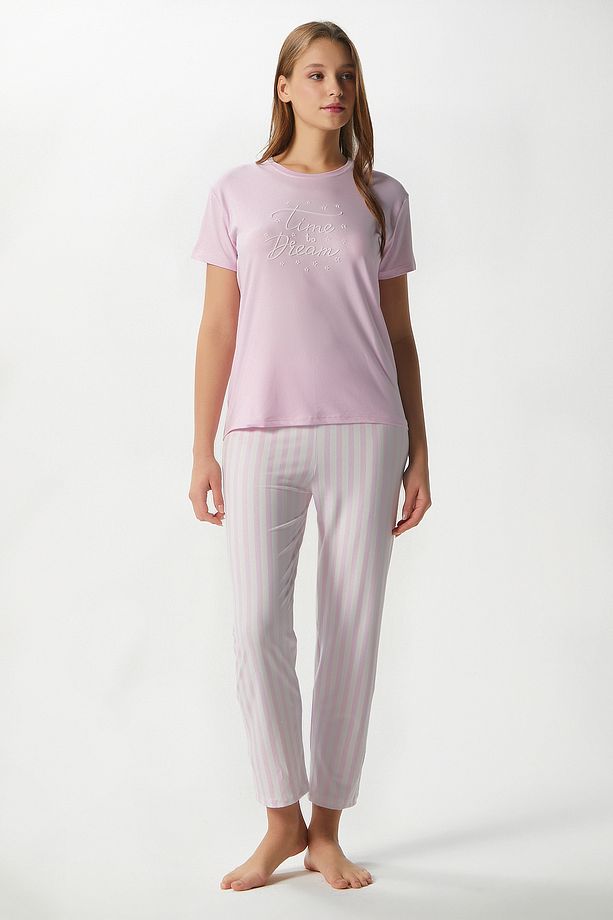 Kadın Time Yumuşak Doku Pembe Çizgili Bisiklet Yaka Kısa Kollu Alt Üst Pijama Takımı - 4