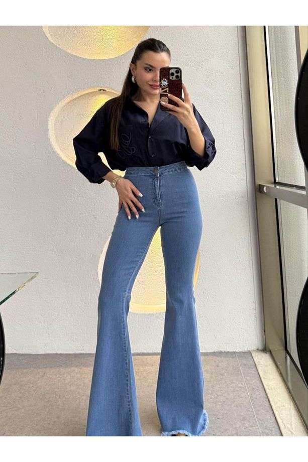 Jeans Kot Likralı Pantalon İspanyol Yüksek Bel - 1