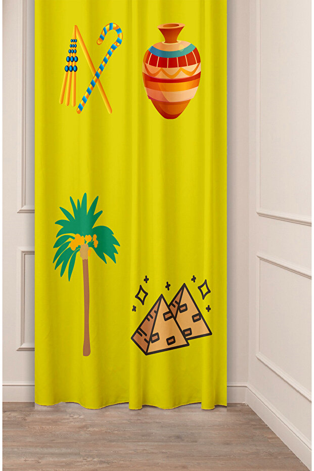Antique Vase Egyptian Pyramid Palm Special Design Patterned Digital Printed (Single Wing) Modern Background Curtain