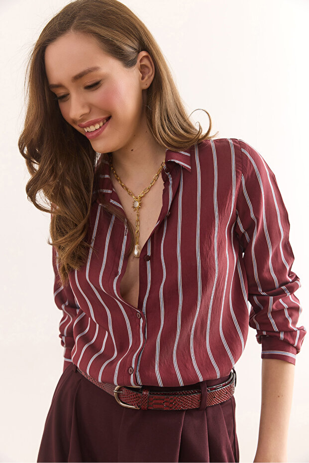 Women's Burgundy Striped Flowy Modal Shirt Gml-19001337