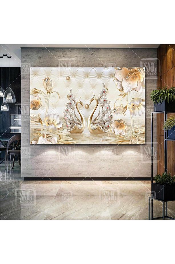 İnci Altın Kuğu Çifti Gold Modern Dekoratif Yatay Kanvas Tablo - 1
