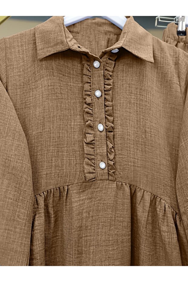 Ruffled Front Half Button Linen Suit - 2