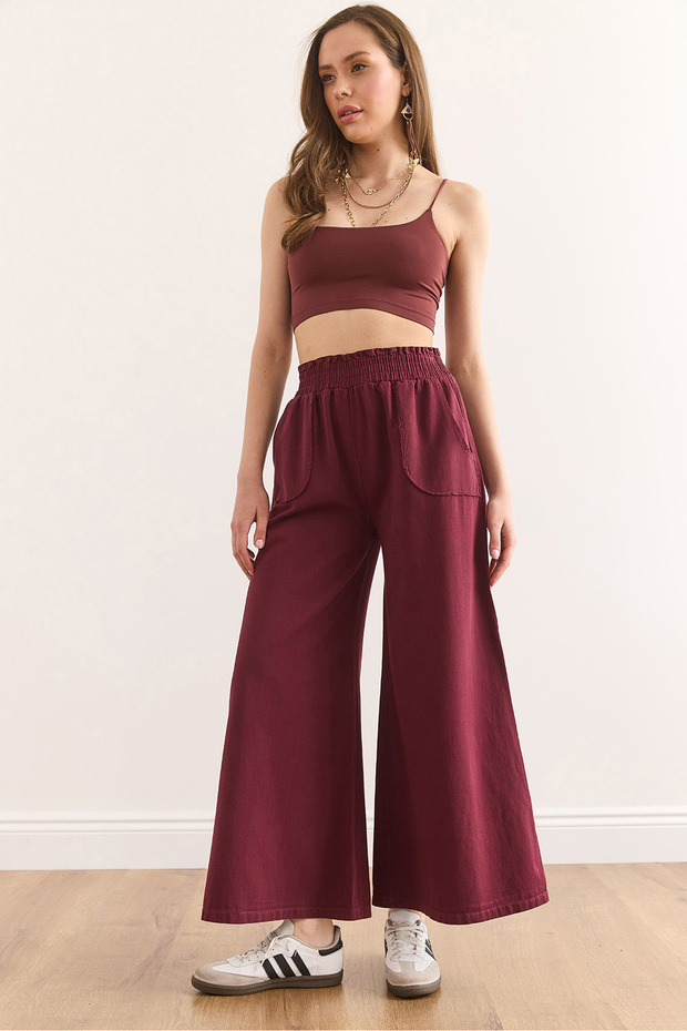 Women's Burgundy Elastic Waist Pocket Spanish Leg Cotton Gabardine Trousers Pnt-19000314