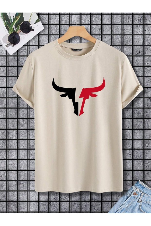 Bull Symbol T-Shirt - Beige Printed Oversize Crew Neck Short Sleeve T-Shirt