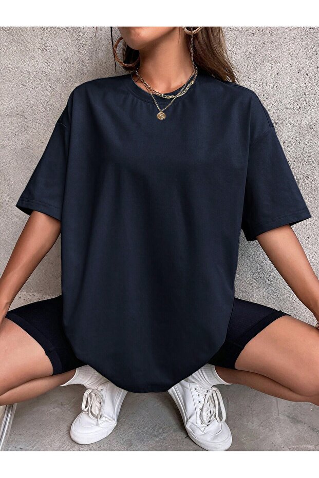 Plain T-Shirt - Navy Blue Oversize Crew Neck Short Sleeve T-Shirt