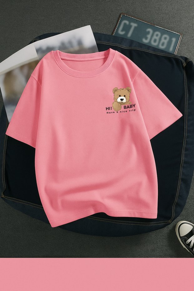 Teddy Bear Pocket Detail Oversized Relaxed Fit Loose T-Shirt - Black White Short Sleeve Crew Neck Colorful