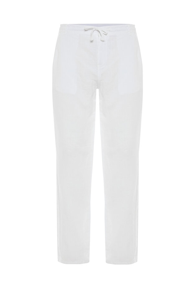 Men's Dark Khaki Straight Fit Tie-Leg Linen Trousers