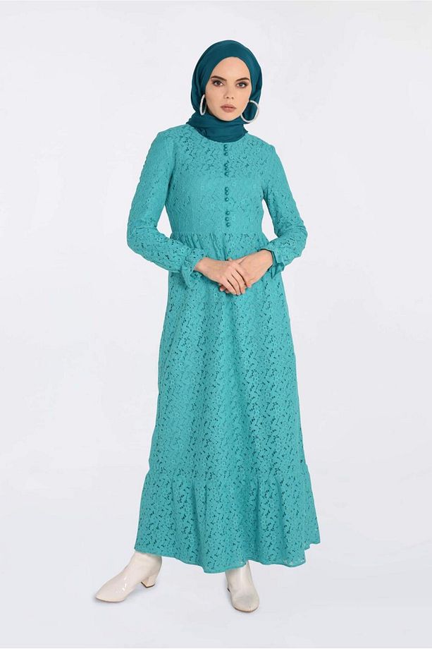 YUVARLAK YAKA DANTELLİ ELBİSE 4390 - 1