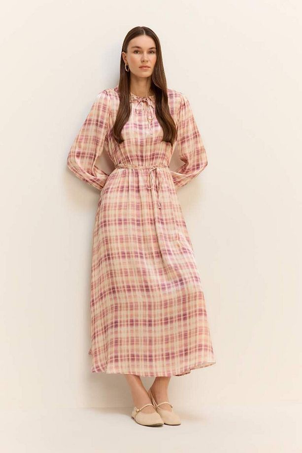 Regular Fit Gömlek Yaka Desenli Saten Uzun Kollu Maxi Elbise F2725ax25sm - 1