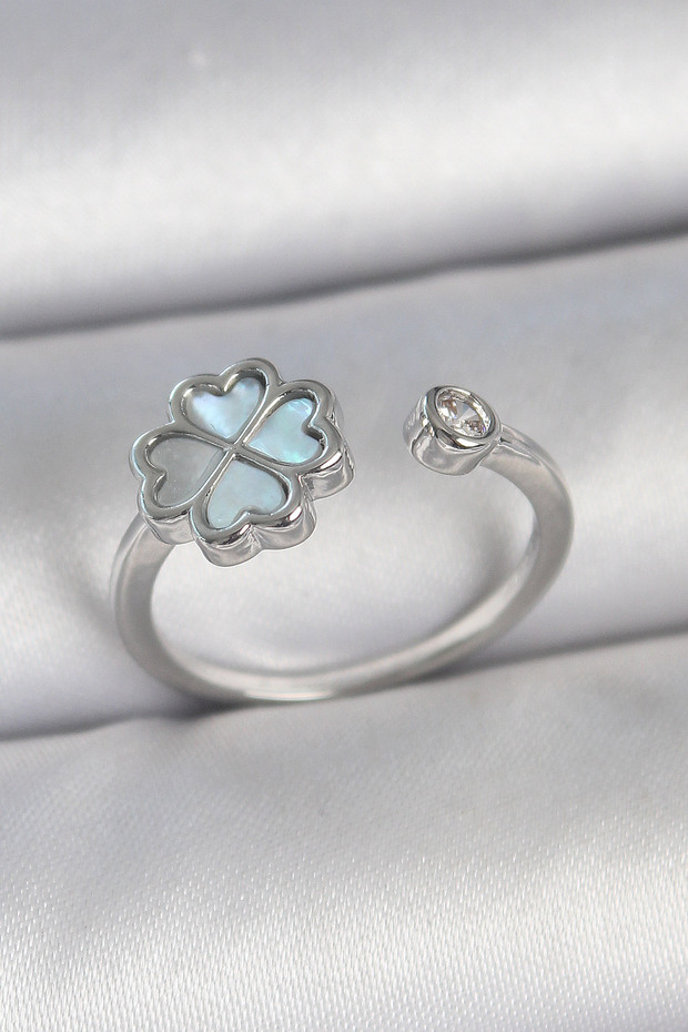 Brass Blue Enamel Clover Zircon Stone Adjustable Women's Ring (Silver Color)