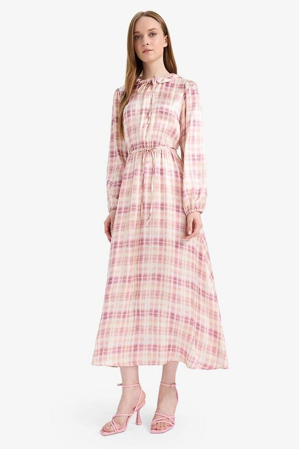 Regular Fit Gömlek Yaka Desenli Saten Uzun Kollu Maxi Elbise F2725ax25sm - 5