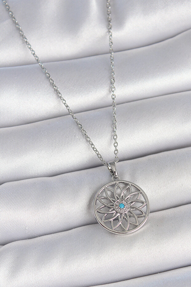 316L Steel Silver Color Chain Blue Stone Lotus Model Women's Necklace