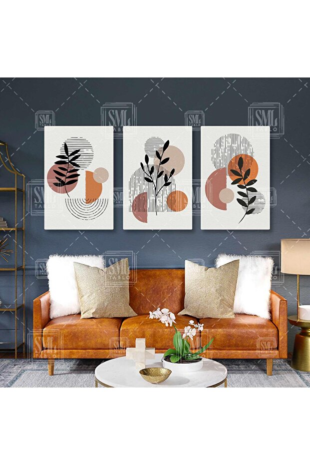 Boho Çizgisel Daire Yapraklar Ilüstrasyon Üçlü Kombin 3 Lü Set Kanvas Tablo - 1
