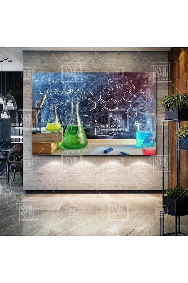 Kimyasallar Laboratuvar Molekül Kara Tahta Bileşenler Yatay Kanvas Tablo - 1
