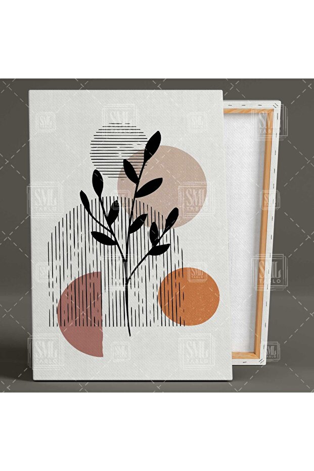 Boho Çizgisel Daire Yapraklar Ilüstrasyon Üçlü Kombin 3 Lü Set Kanvas Tablo - 3