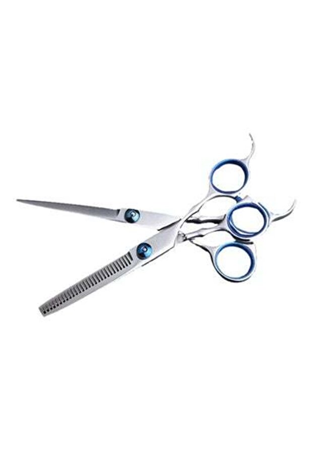 طقم مقص بشفرة أسنان مسطحة فضي/أزرق - 3