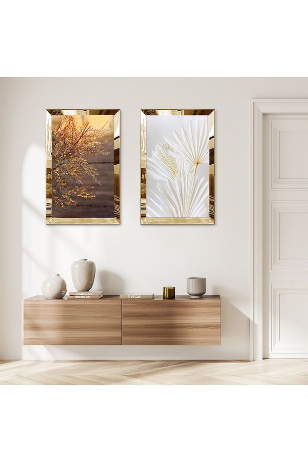 GOLD AYNALI PLEKSİ ÇERÇEVELİ SOYUT ÇİÇEKLER İKİLİ MDF TABLO SETİ - 1