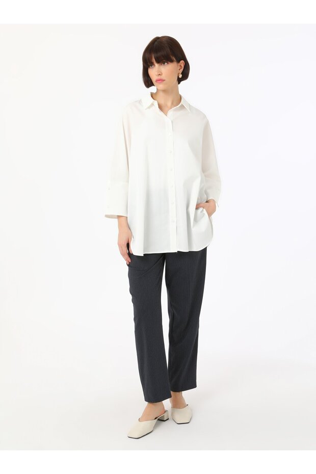 Stripe Patterned Trousers - Navy Blue - Refka - 2