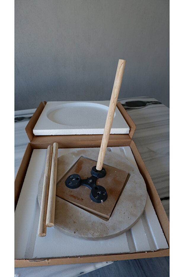 Gerçek Traverten Sehpa - Bej Ahşap Ayaklı - 6