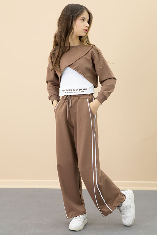 Brown Stripe Detailed Wide Leg Cropped Girl's 3 Piece Set 20702