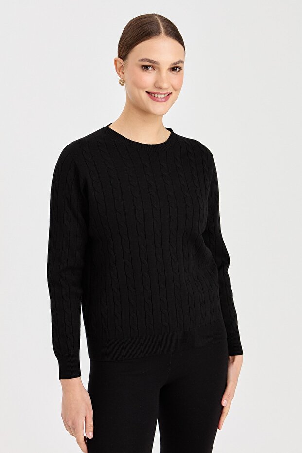 Women's Crew Neck Braided Sweater Black