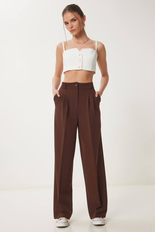 Pocketed Woven Palazzo Pants Brown Lhg0003
