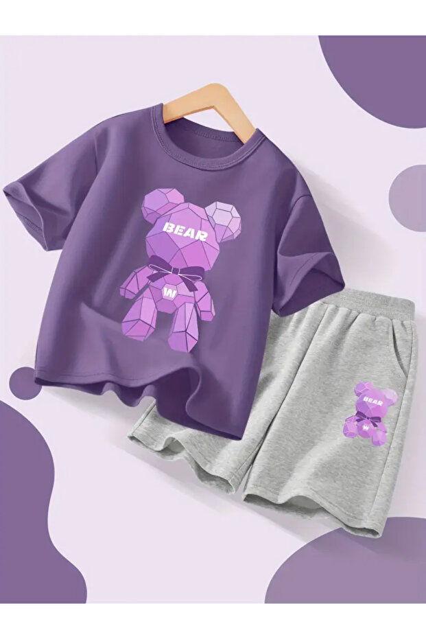 Children's Bear Printed Shorts T-Shirt Bottom-Top Set