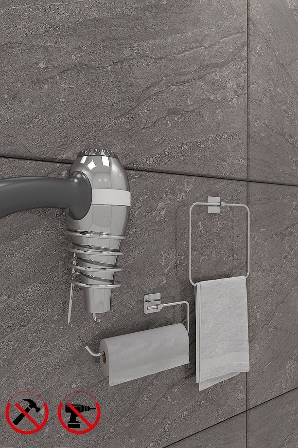 Scilla Kare Krom 3'lü Yapışkanlı Banyo Seti | Kare Havluluk, Solo Havluluk, Kare Fön Makinesi Askısı - 1