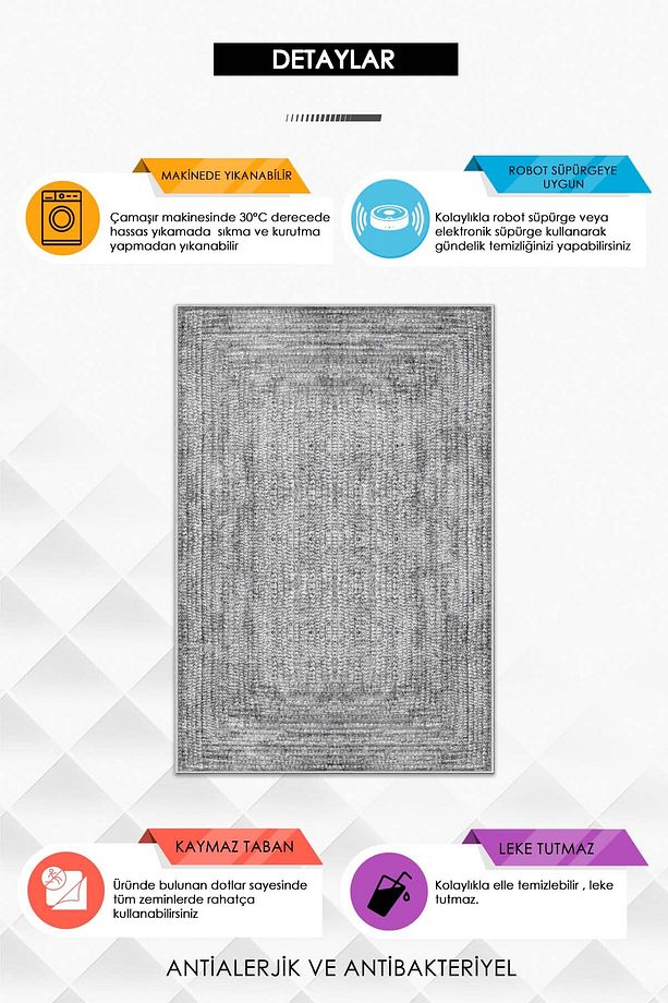 Makinede Yıkanabilir Kaymaz Taban Leke Tutmaz Gri Salon Halısı Mutfak Halısı ve Yolluk - 3