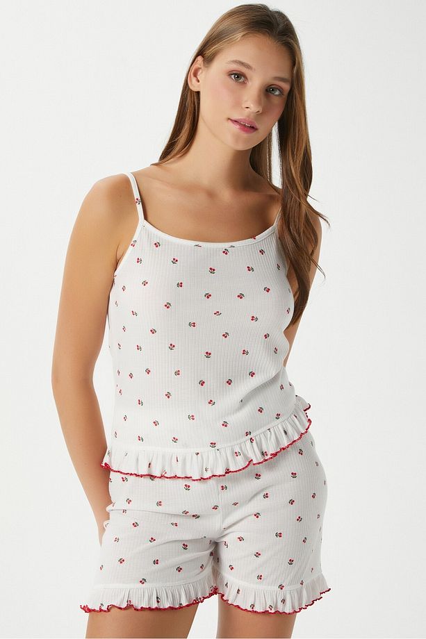 Kadın Paula Kiraz Desen Fırfır Şortlu Pijama Takımı - 6
