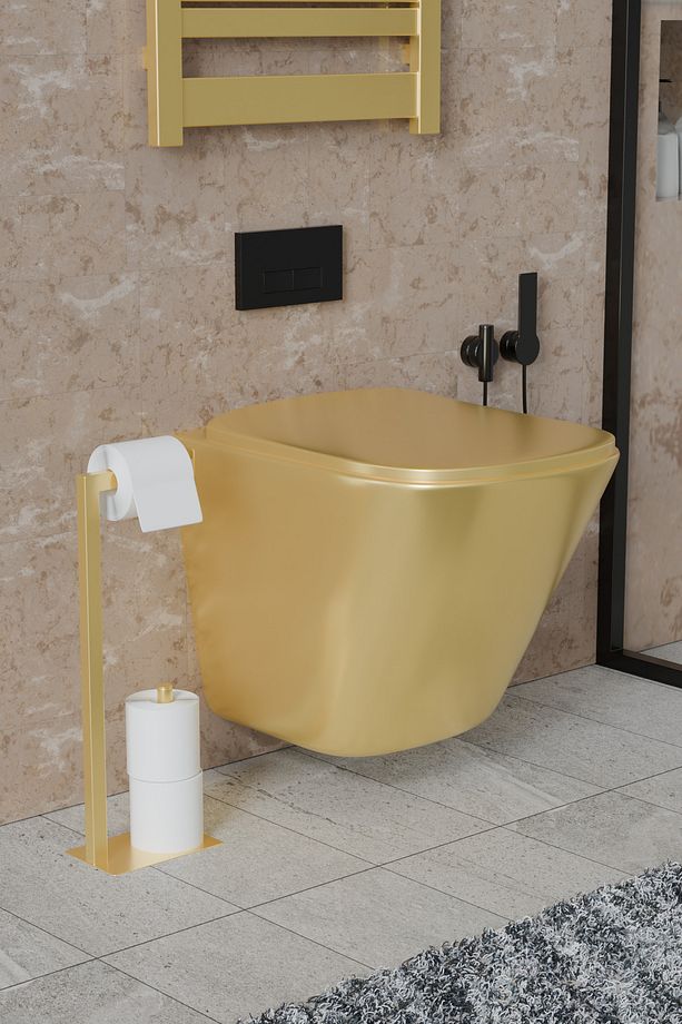 Yedek Bölmeli Ayaklı Metal Tuvalet Kağıtlığı WC Kağıtlık Altın Sarısı - 8
