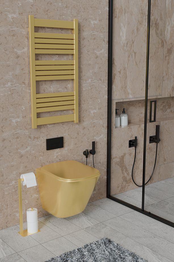 Yedek Bölmeli Ayaklı Metal Tuvalet Kağıtlığı WC Kağıtlık Altın Sarısı - 2